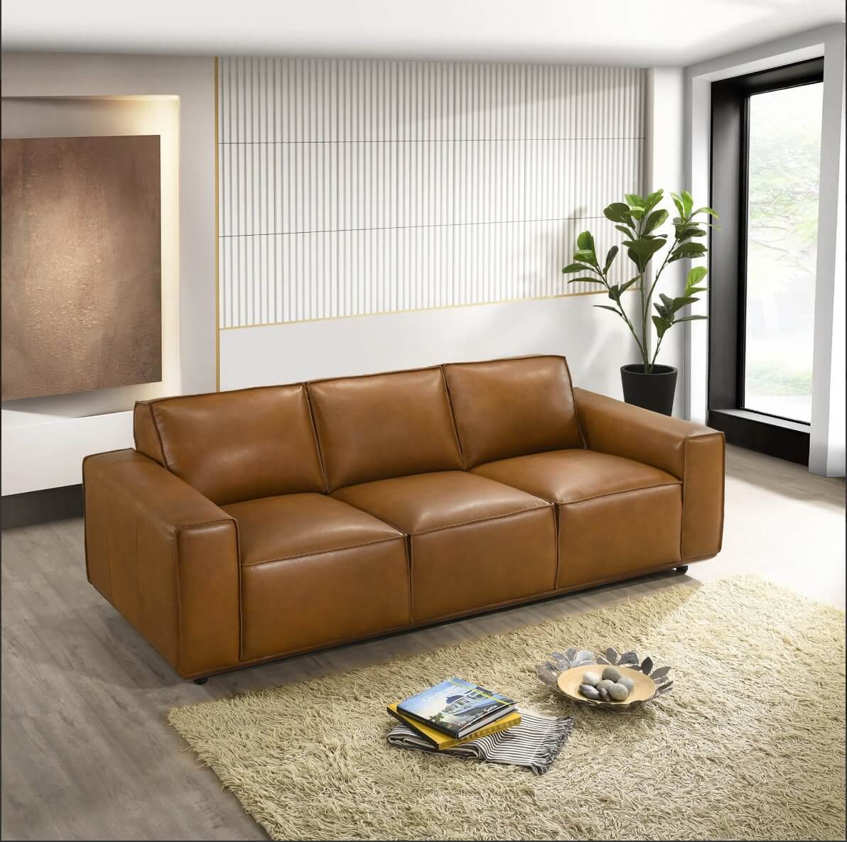 Hanky MCM Genuine Tan Leather Sofa 90” - Revel Sofa 