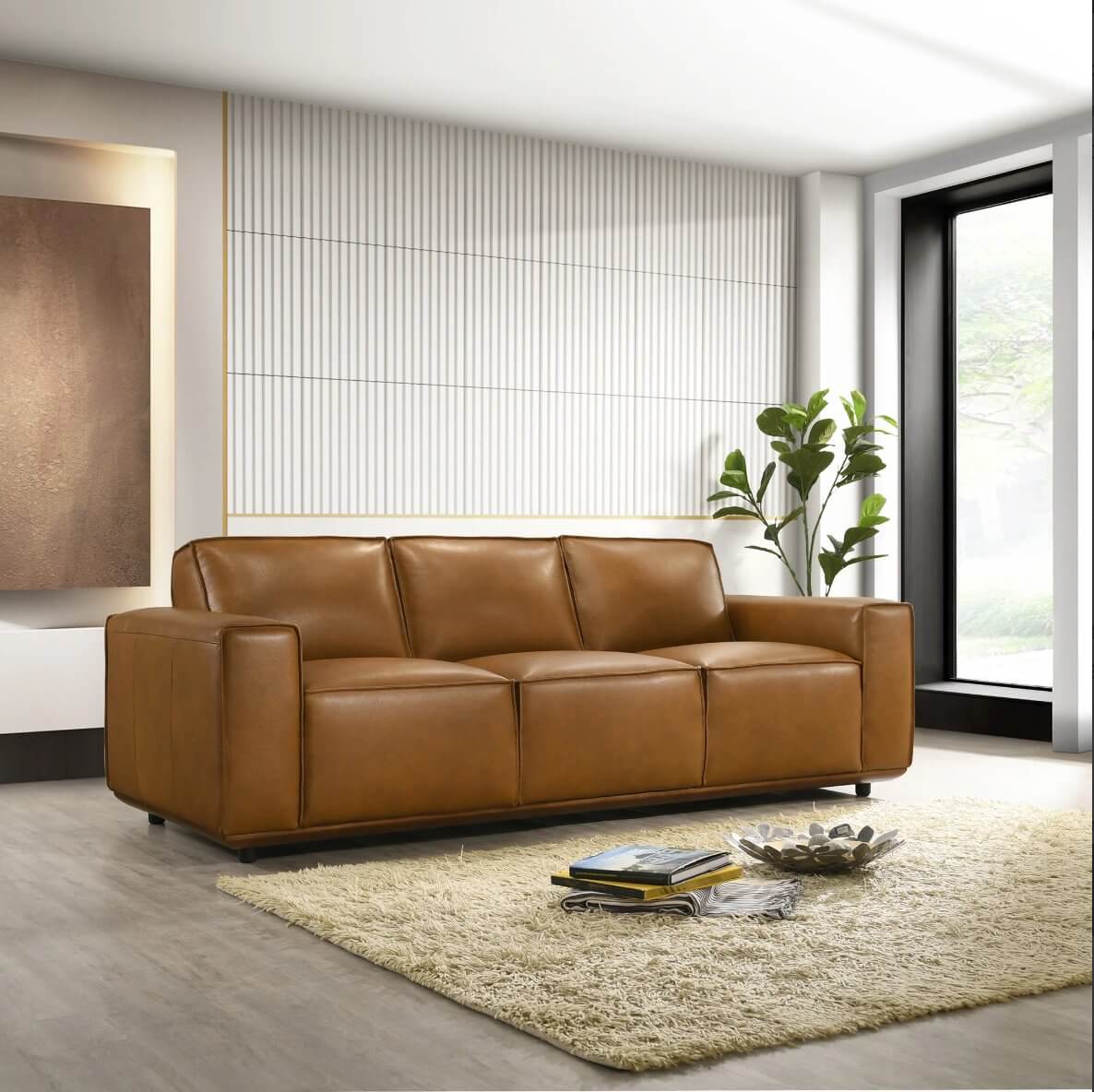 Hanky MCM Genuine Tan Leather Sofa 90” - Revel Sofa 