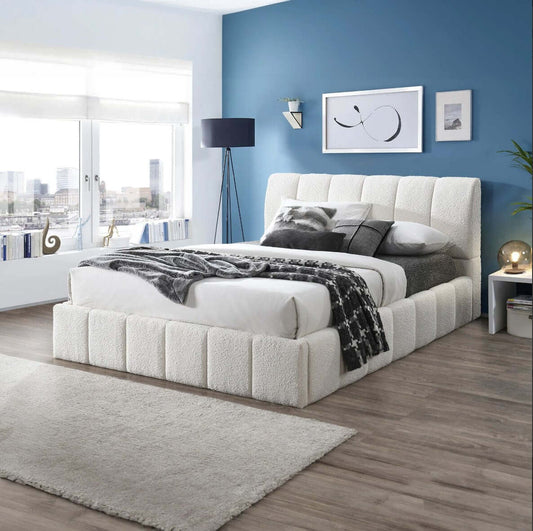 Hilar Channel Tufted White Boucle Platform Bed Frame - Revel Sofa 