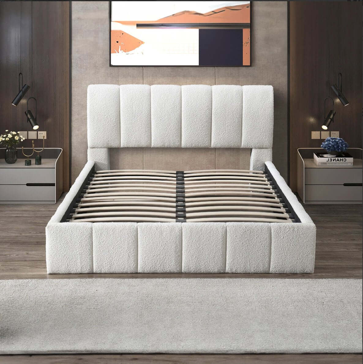 Hilar Channel Tufted White Boucle Platform Bed Frame - Revel Sofa 