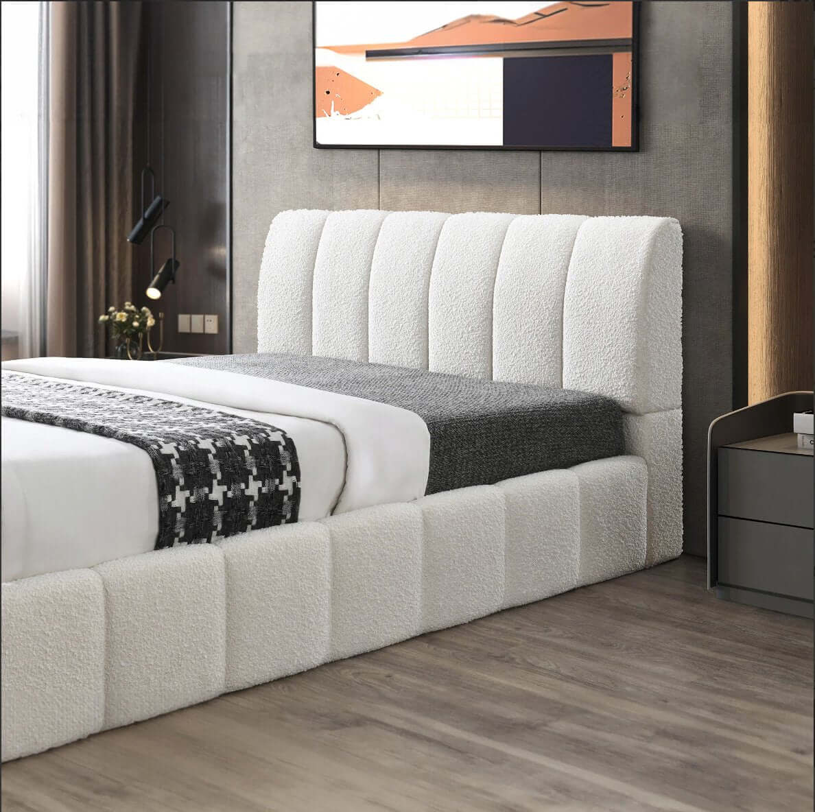 Hilar Channel Tufted White Boucle Platform Bed Frame - Revel Sofa 