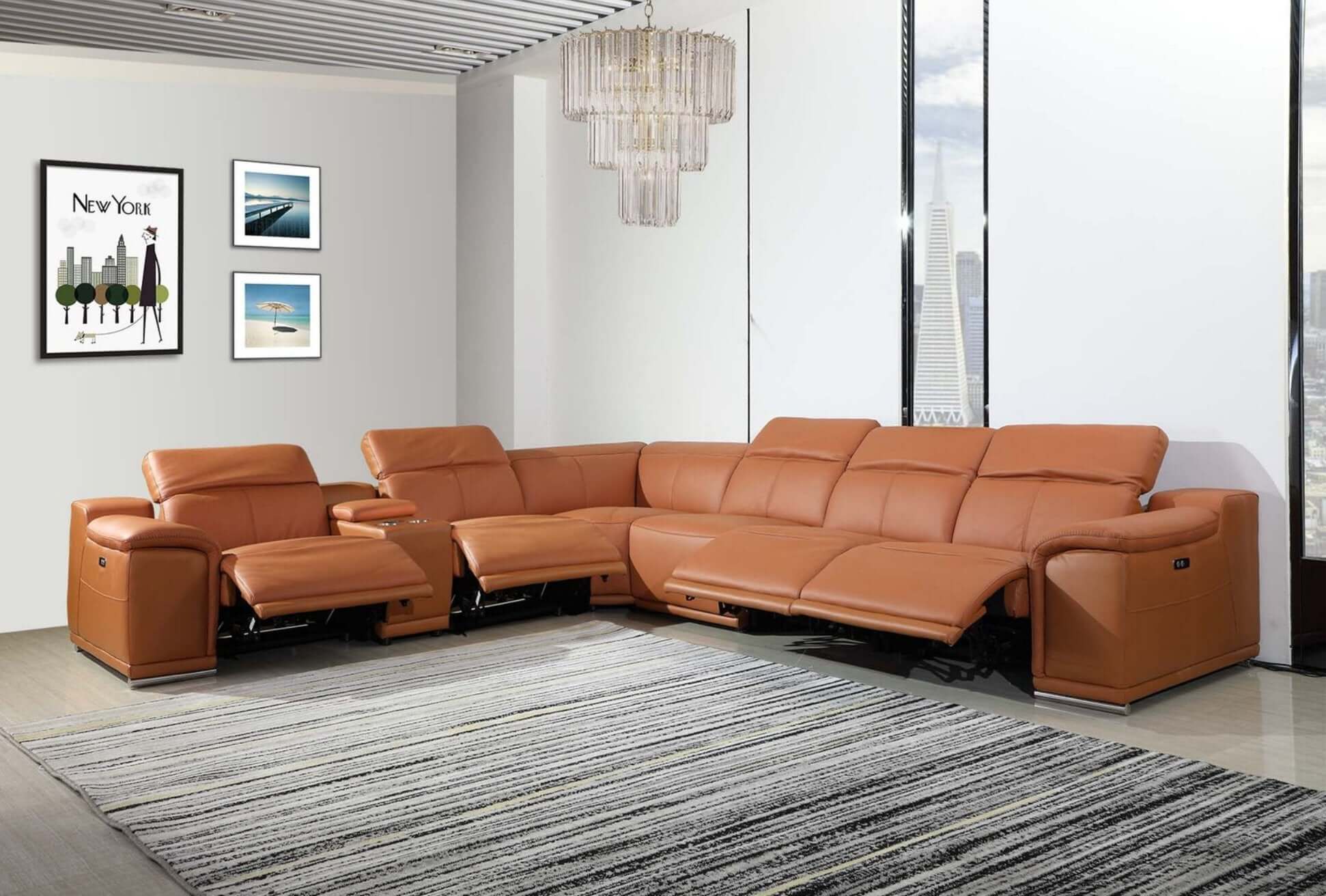 Italian Leather Power-Reclining Corner Sectional With Console with Various Size and Color Options