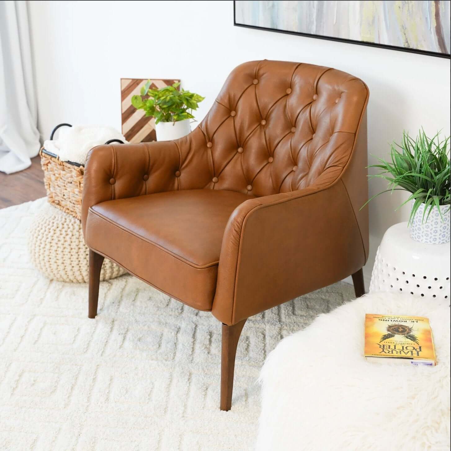 Joshua MCM Tufted Tan Leather Lounge Chair - Revel Sofa 