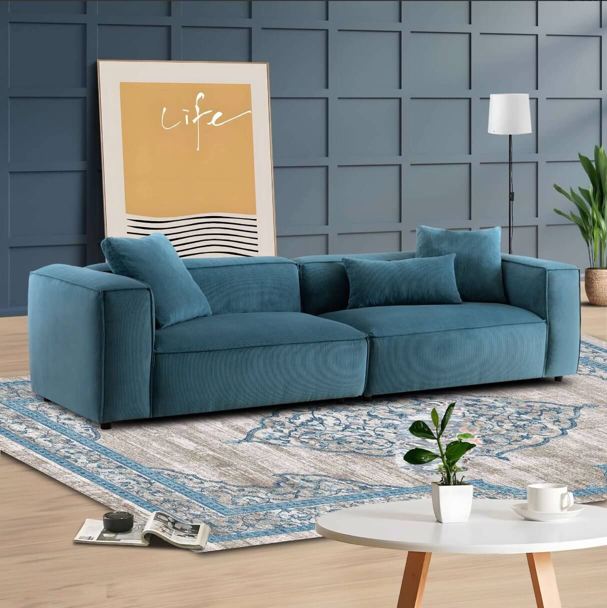 Kalen Modern Modular Low Profile Corduroy Sofa in Colors Blue or Cognac 110” - Revel Sofa 