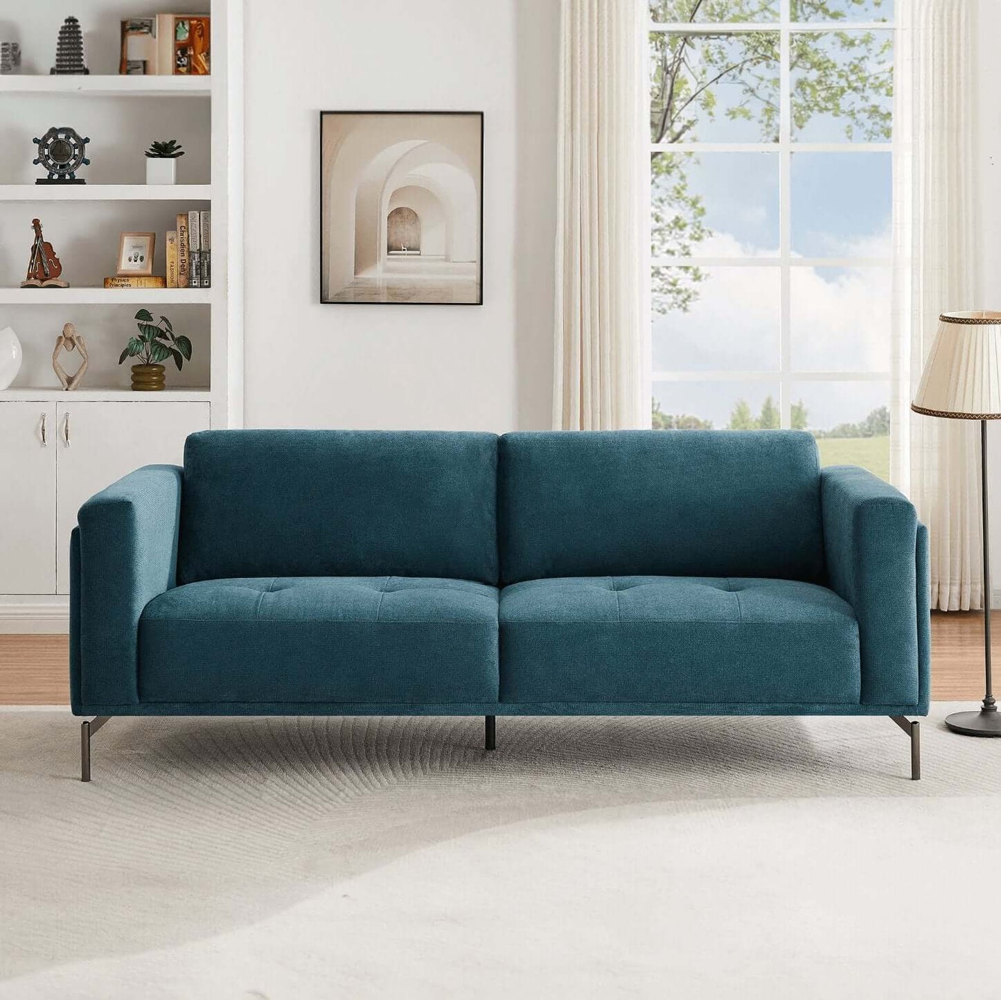 Lanchester MCM Tufted Loveseat Sofa, Blue Linen 87” - Revel Sofa 