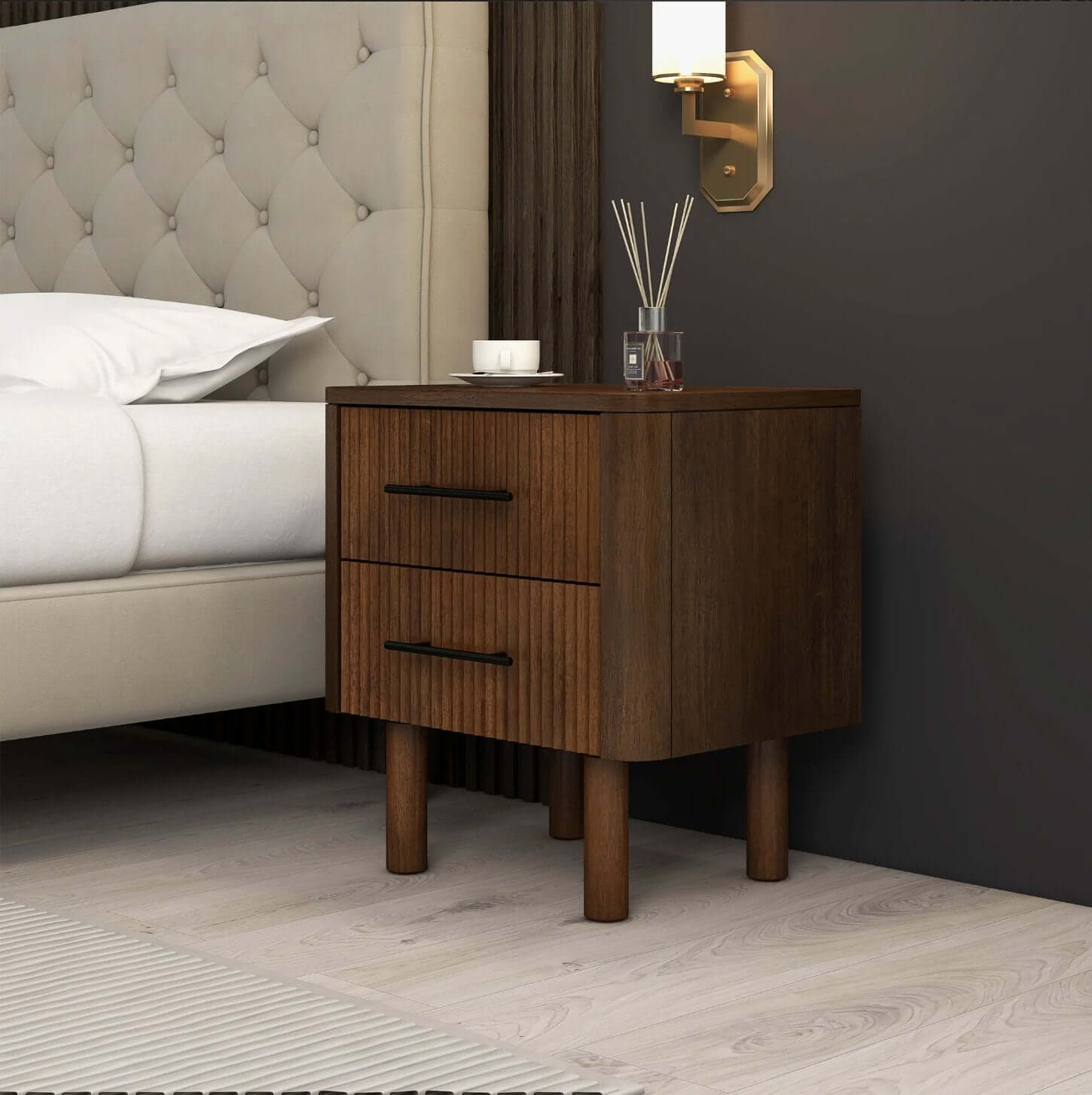 Logan MCM Walnut Bedroom Nightstand With 2 Drawers - Revel Sofa 
