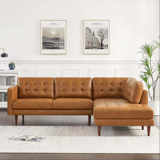 Lucco MCM Style Tufted Leather L-Shape Sectional Chaise Sofa - Revel Sofa 