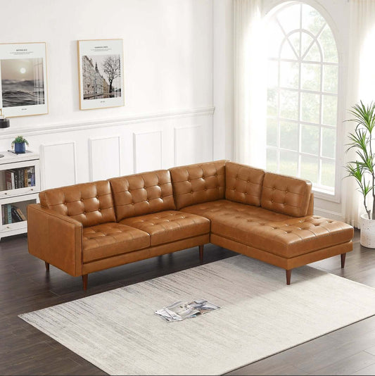 Lucco MCM Style Tufted Leather L-Shape Sectional Chaise Sofa - Revel Sofa 