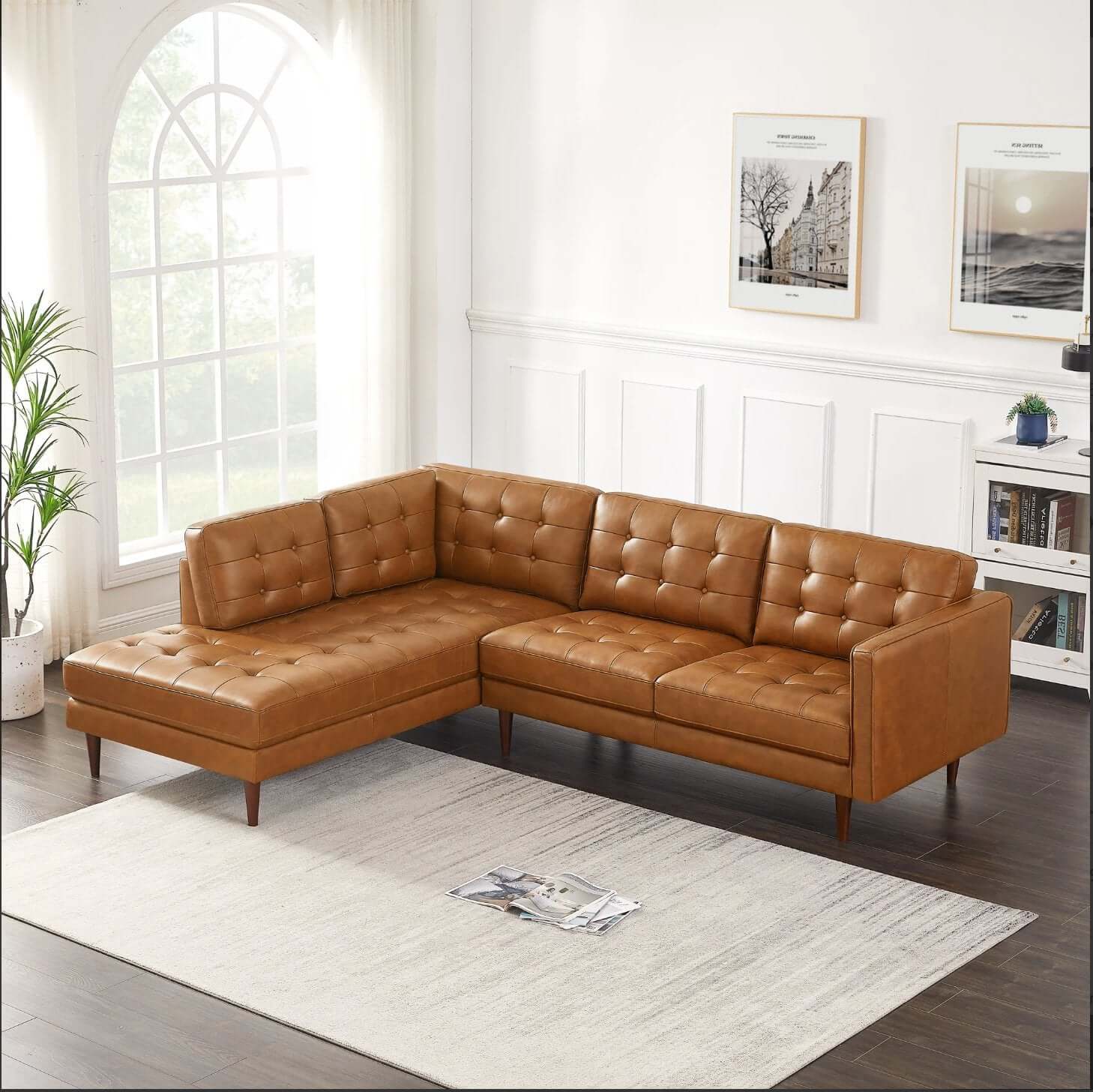 Lucco MCM Style Tufted Leather L-Shape Sectional Chaise Sofa - Revel Sofa 