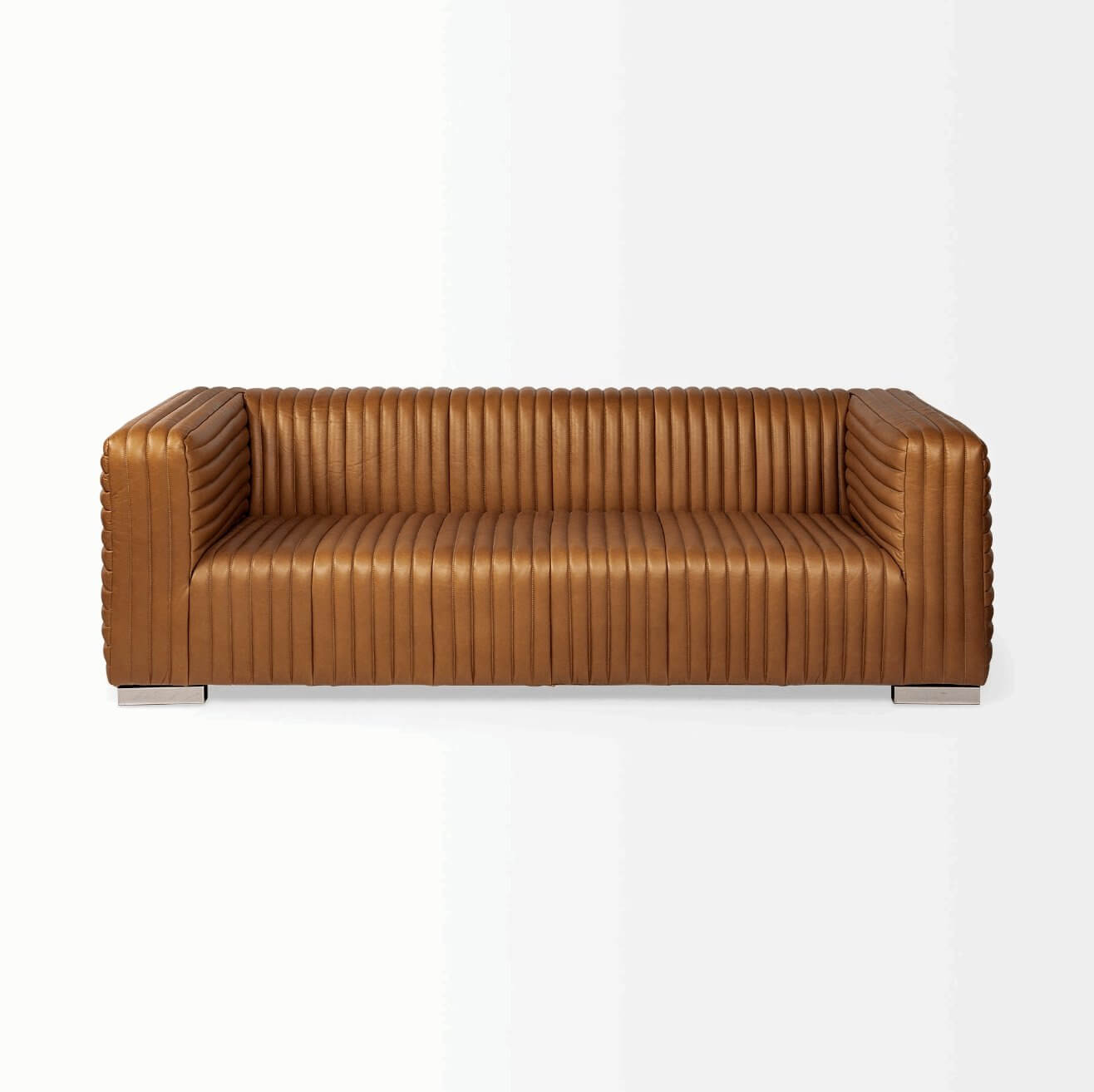 Luxury Genuine Cognac Leather Wrapped Three Seater Sofa 87” - Revel Sofa 