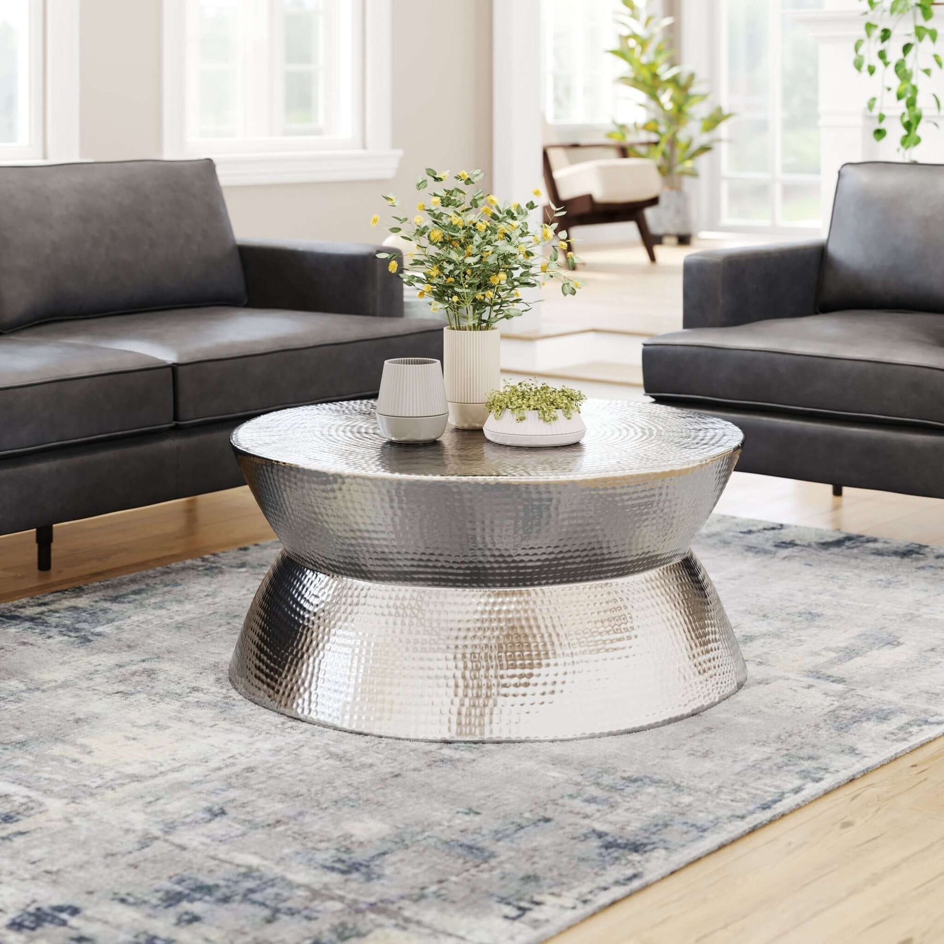 Madryn Metal Round Coffee Table in Sleek Silver - Revel Sofa 
