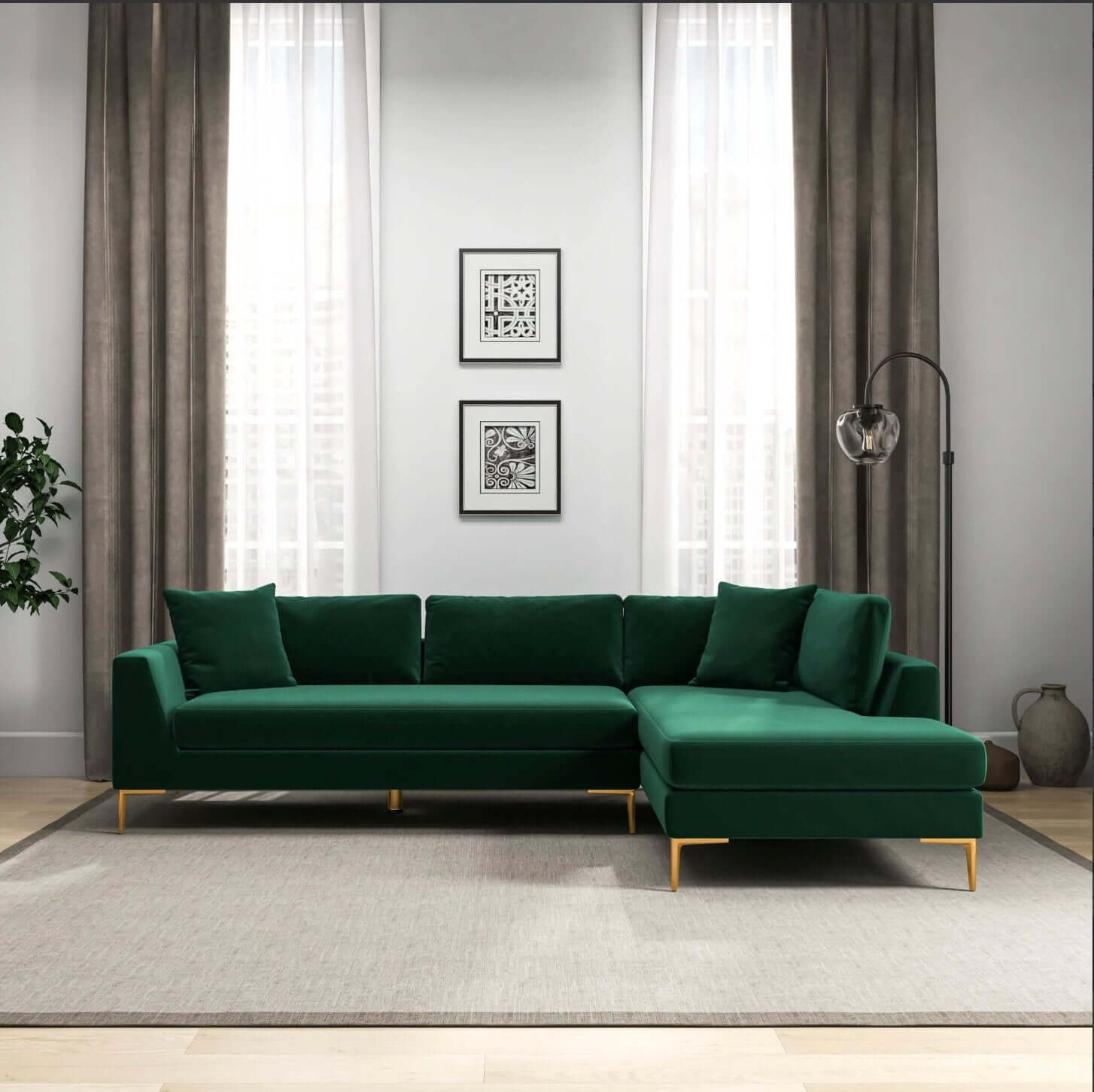 Mano Modern Velvet L-Shaped Sectional Chaise Sofa in Green - Revel Sofa 