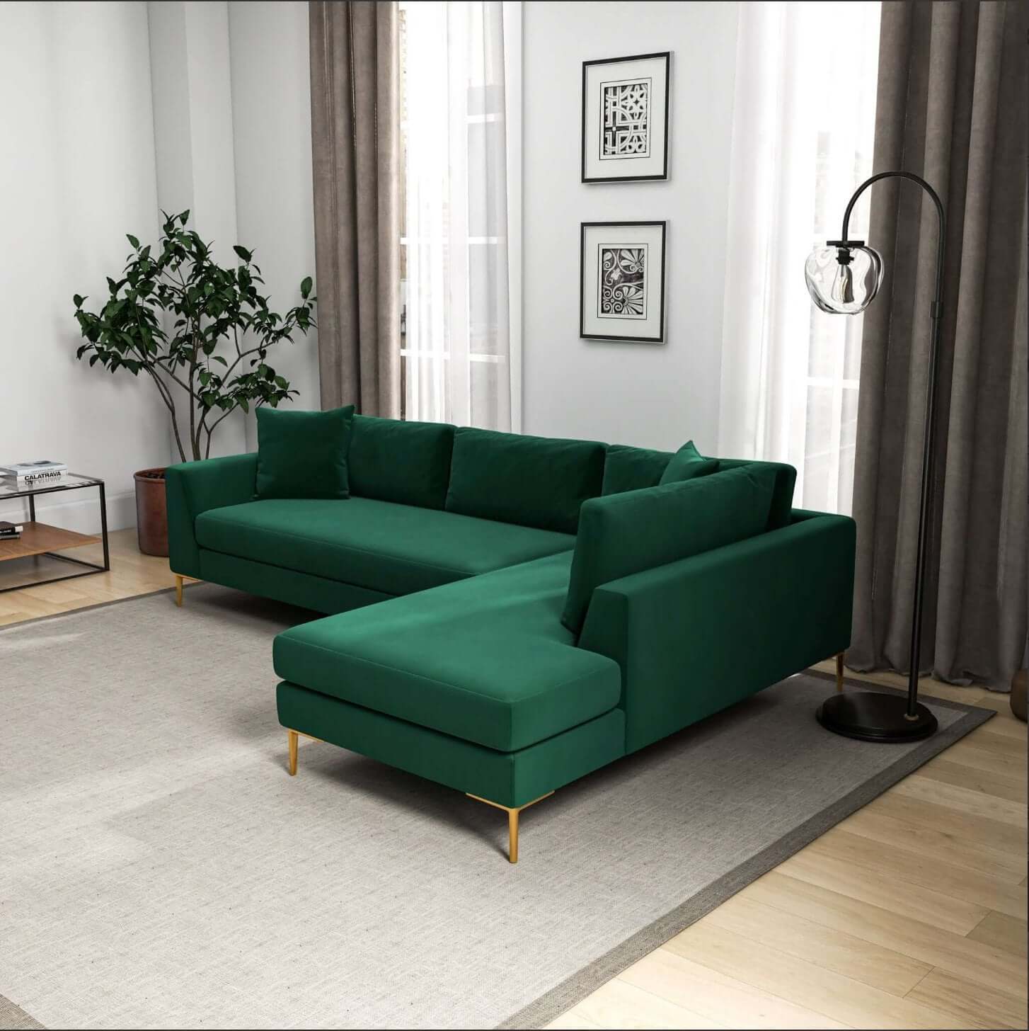 Mano Modern Velvet L-Shaped Sectional Chaise Sofa in Green - Revel Sofa 