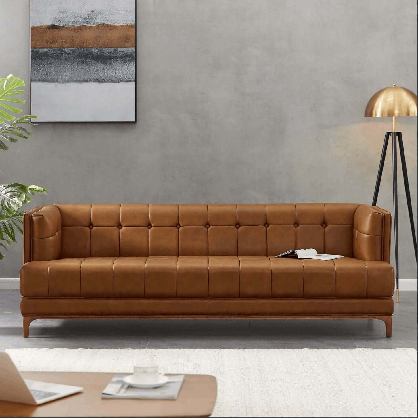 Mara MCM Style Tufted Genuine Leather Sofa Couch - Revel Sofa 