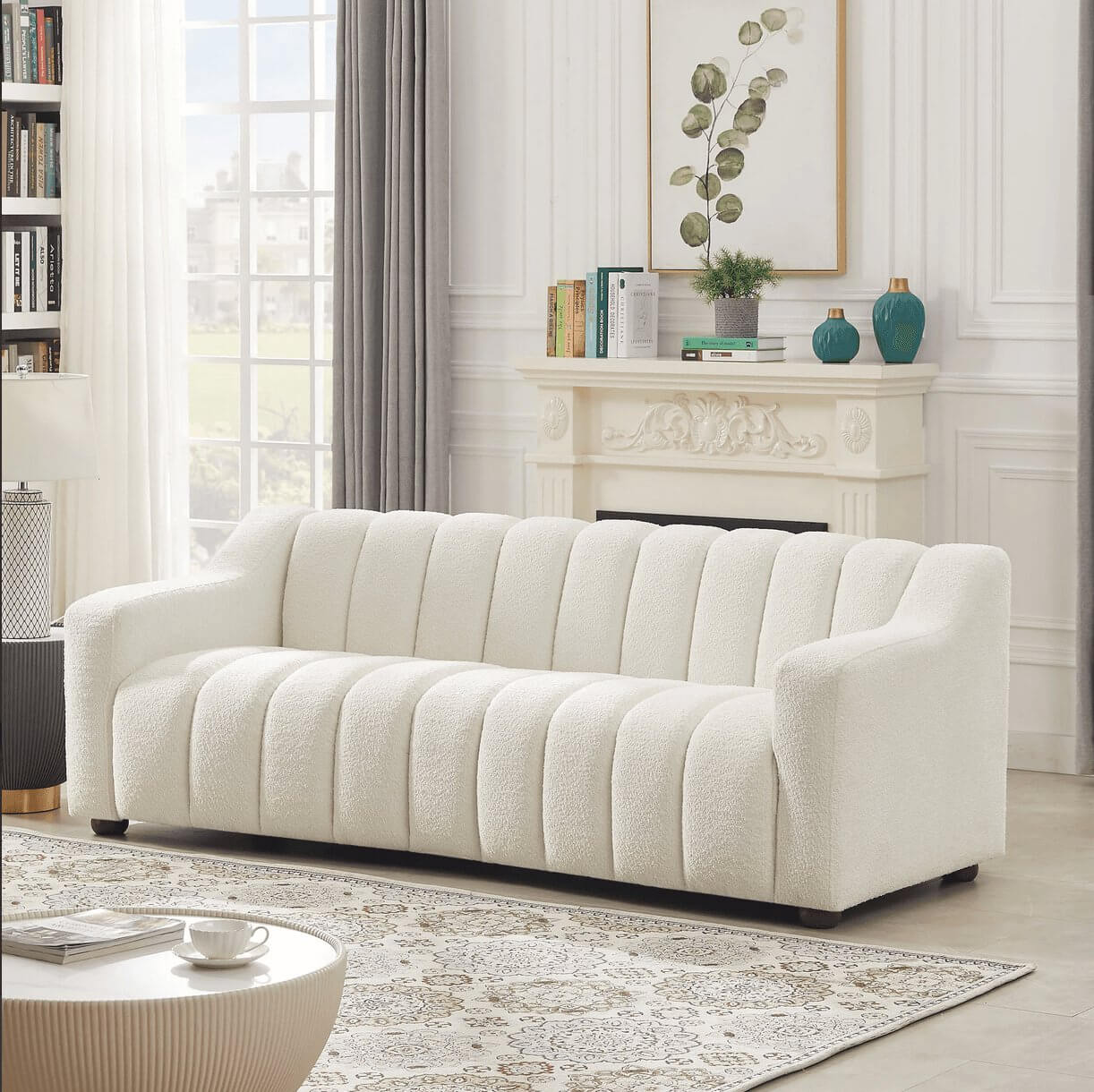 Marcus Modern Channel Tufted Boucle Sofa, Cream White - Revel Sofa 