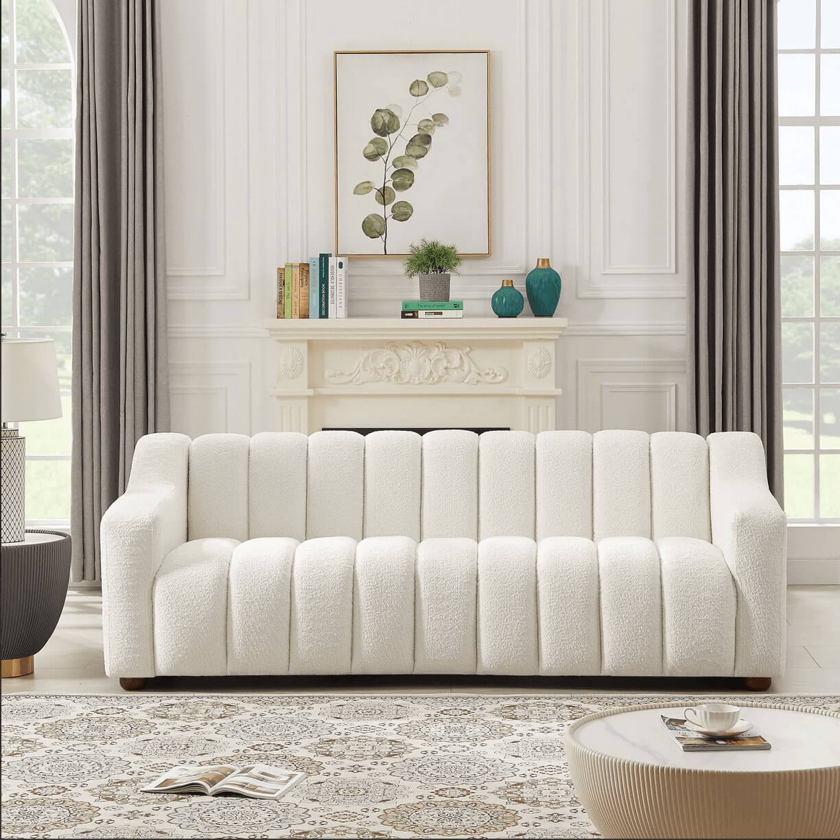 Marcus Modern Channel Tufted Boucle Sofa, Cream White - Revel Sofa 