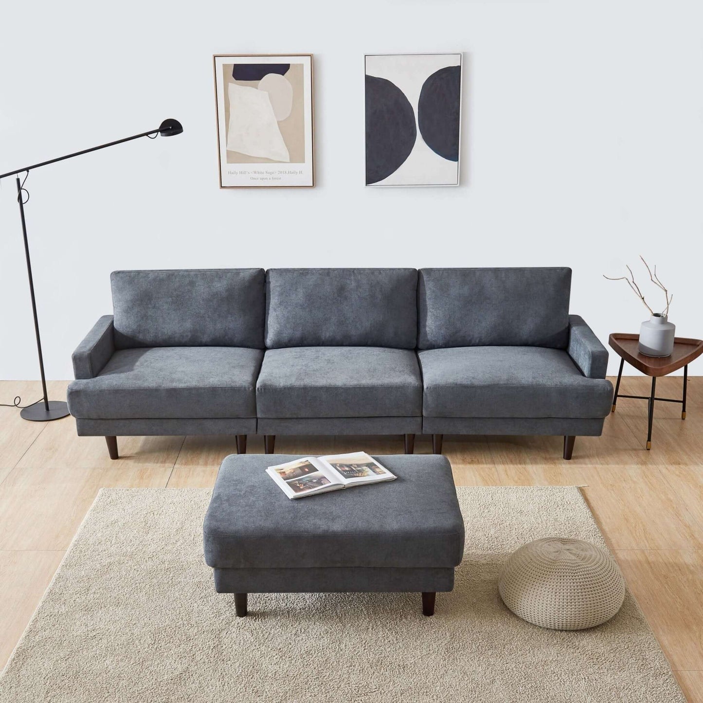 MidCentury Modern Fabric Chaise Sectional Sofa 3 seater with Ottoman in Gray or Beige - 104.6" - Revel Sofa 