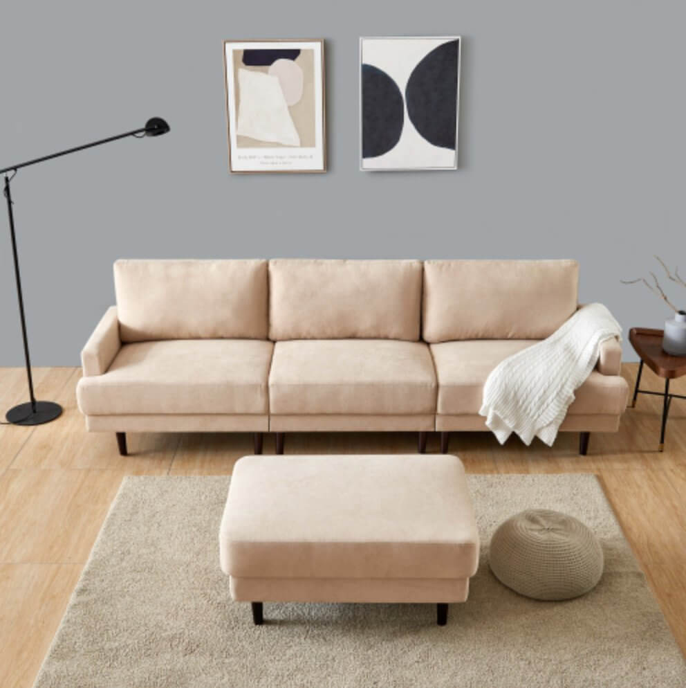 MidCentury Modern Fabric Chaise Sectional Sofa 3 seater with Ottoman in Gray or Beige - 104.6" - Revel Sofa 