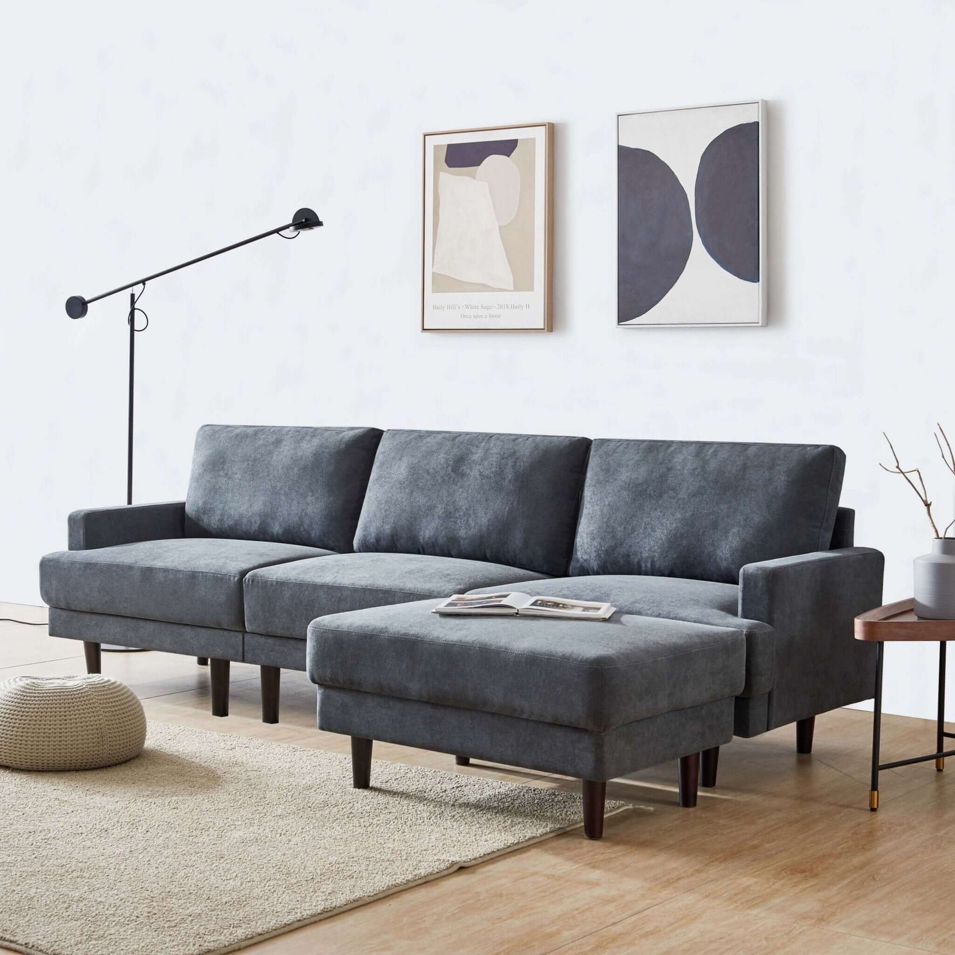 MidCentury Modern Fabric Chaise Sectional Sofa 3 seater with Ottoman in Gray or Beige - 104.6" - Revel Sofa 