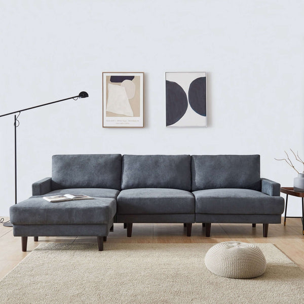 MidCentury Modern Fabric Chaise Sectional Sofa 3 seater with Ottoman in Gray or Beige - 104.6
