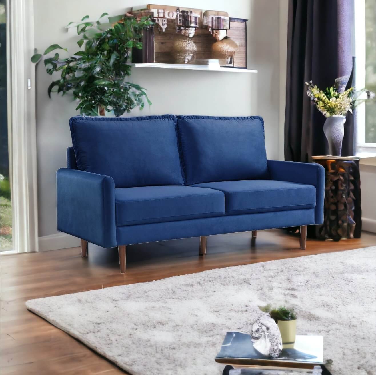 MidCentury Modern Velvet Loveseat Sofa (69") in Beige or Blue - Revel Sofa 