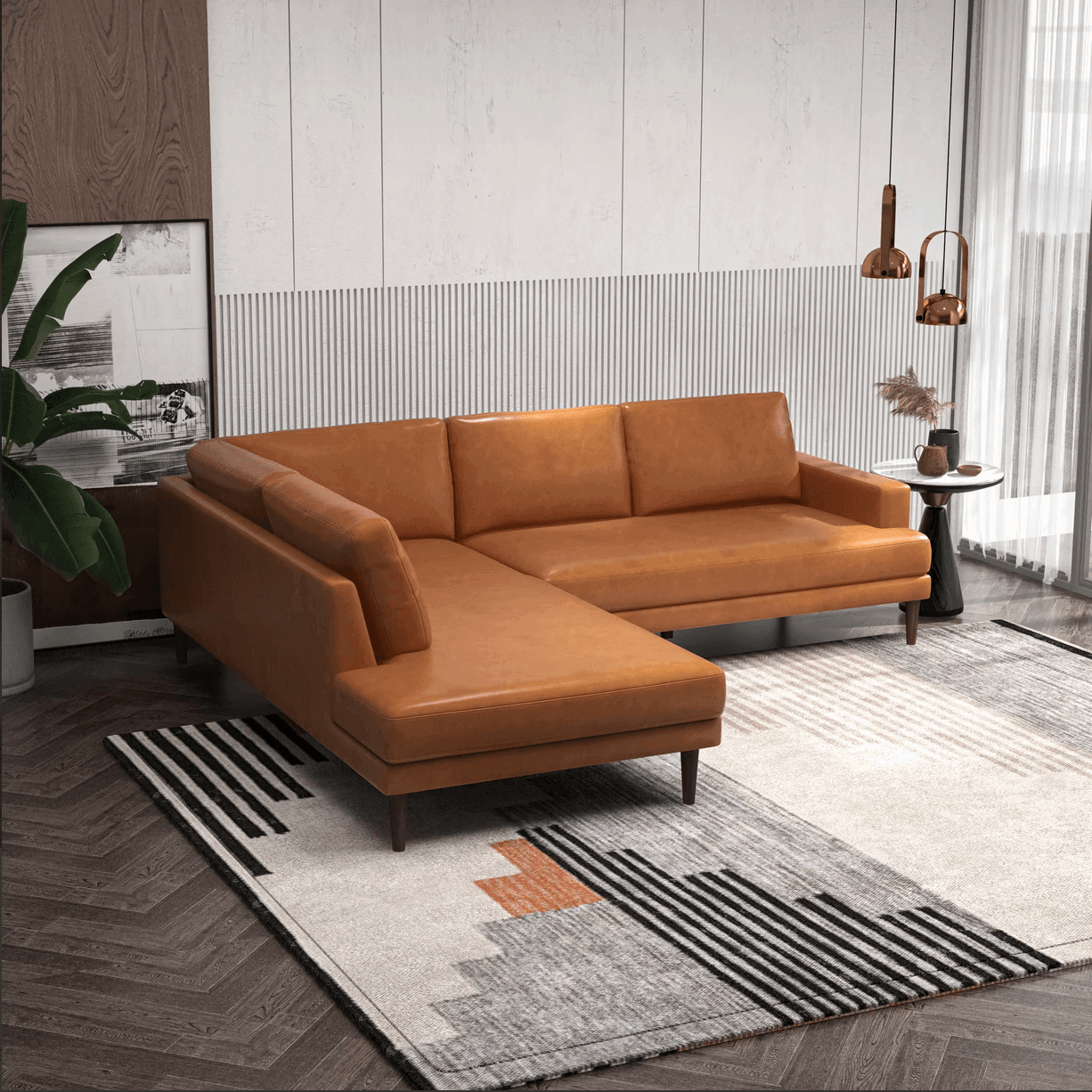 'Brandon' Left-Facing Tan Genuine Leather Sectional Sofa