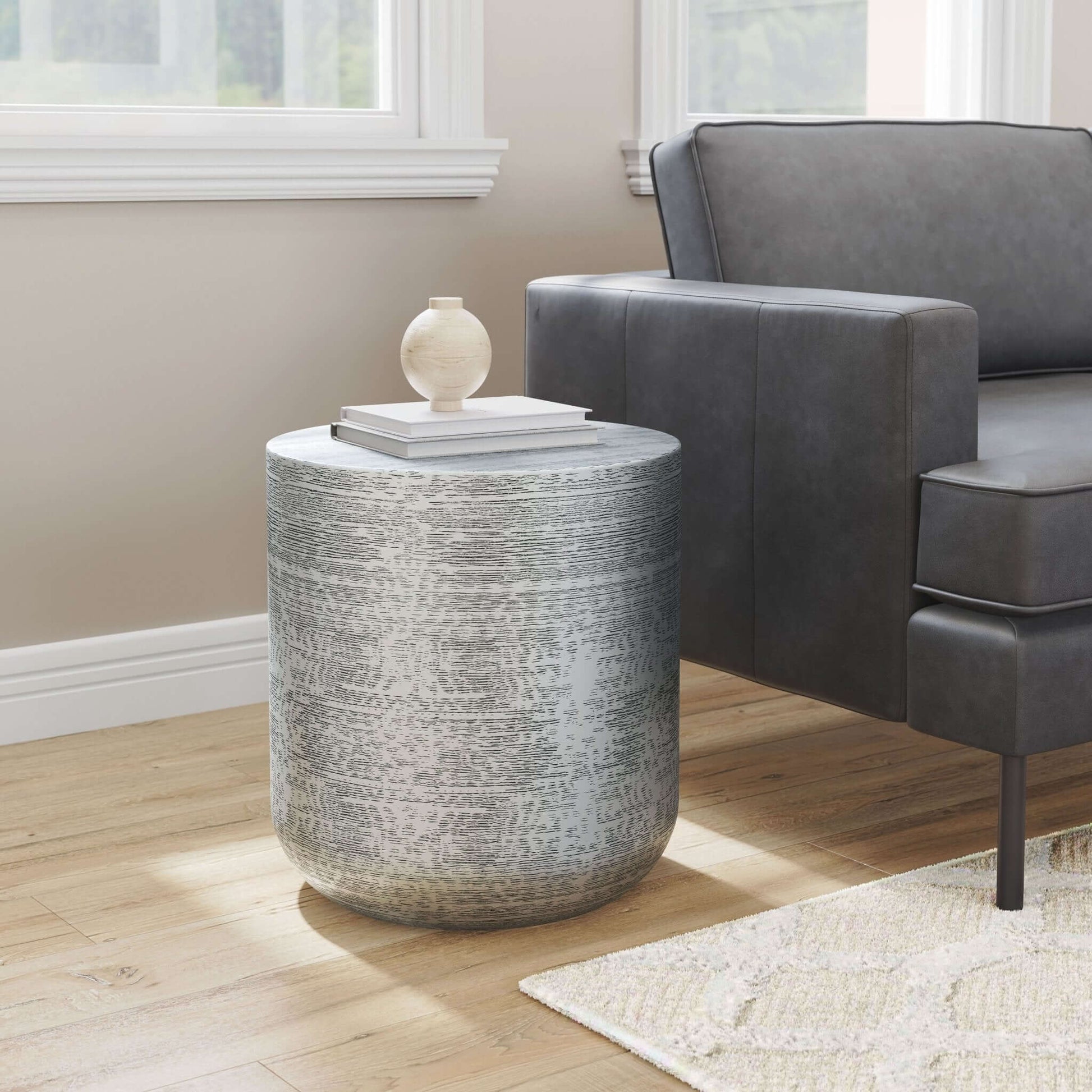 Sara Metallic Cylindrical Side End Table in Antique Silver - Revel Sofa 