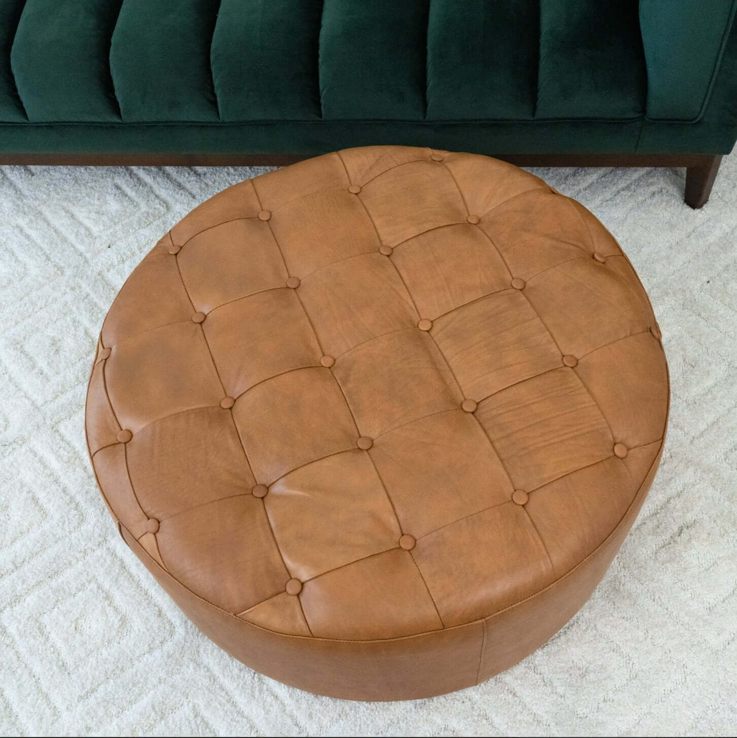 Seletar MCM Style Tufted Tan Leather Ottoman - Revel Sofa 
